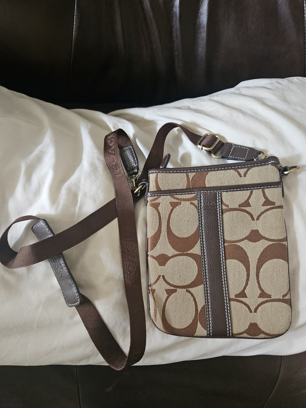 Coach Signature Swingpack Crossbody in Brown and Tan